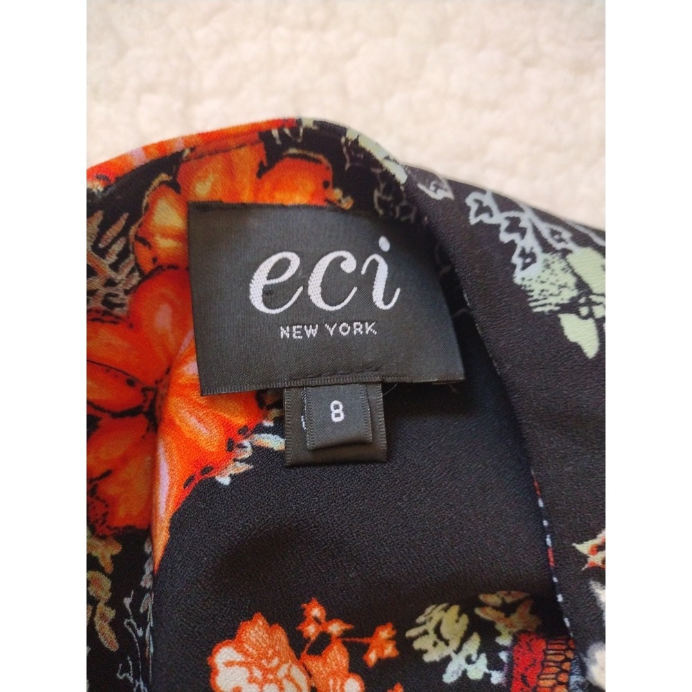 ECI New York Jumpsuit Woman 8 Orange Black Floral Stretch Boho V Neck Pocket - Picture 8 of 8